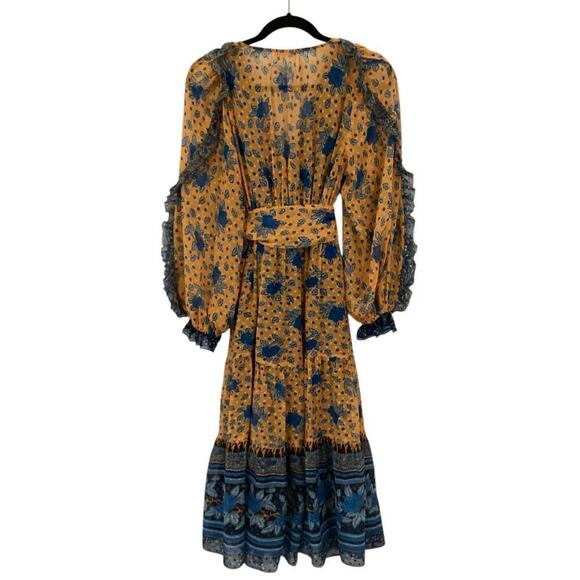 Ulla Johnson Romilly Silk Floral Orange Blue Long Sleeve Midi Dress Size 4 - Picture 9 of 14